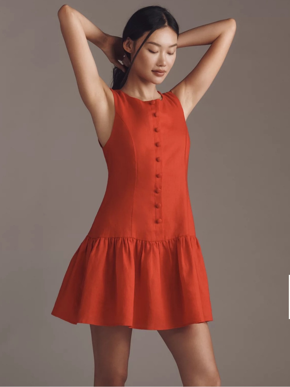 WAYF | Rust Orange Drop Waist Button Front Sleeveless Mini Dress Linen Blend